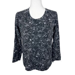 Mint Neko Long Sleeve Shirt Women Medium Black Cat All Over Print Novelty Tee
